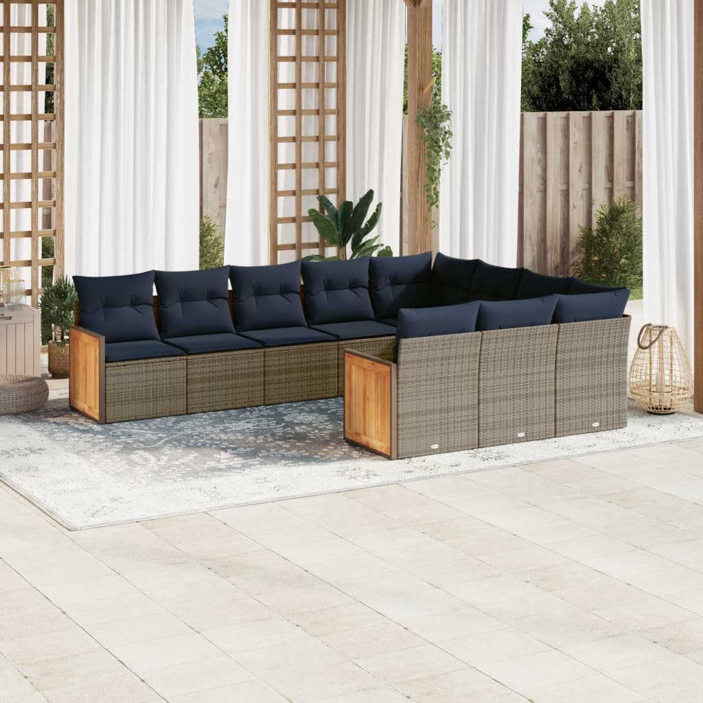 havesofasæt med 10 dele og hynder grå polyrattan