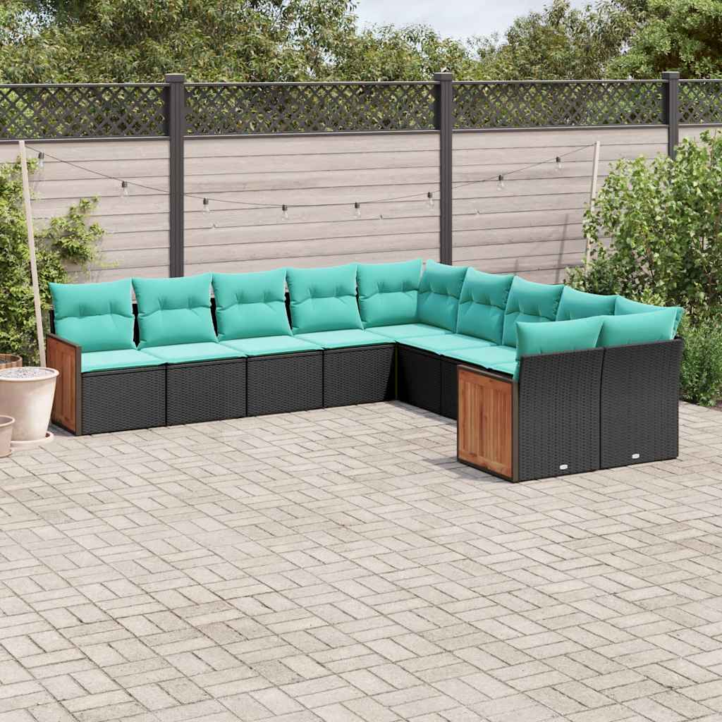havesofasæt med 10 hynder sort polyrattan