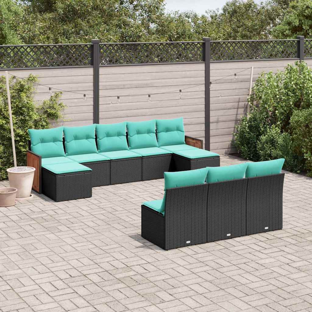 havesofasæt med 10 hynder sort polyrattan