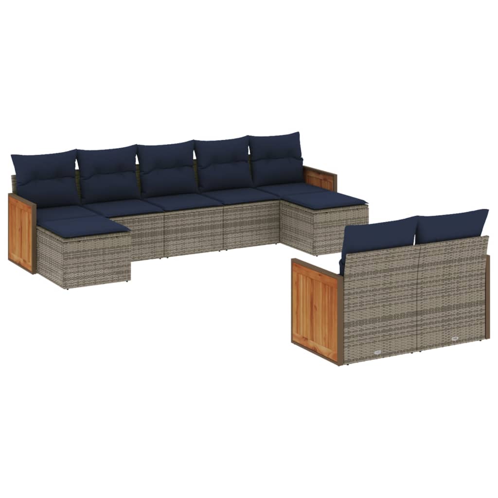 havesofasæt med 9 dele og hynder grå polyrattan