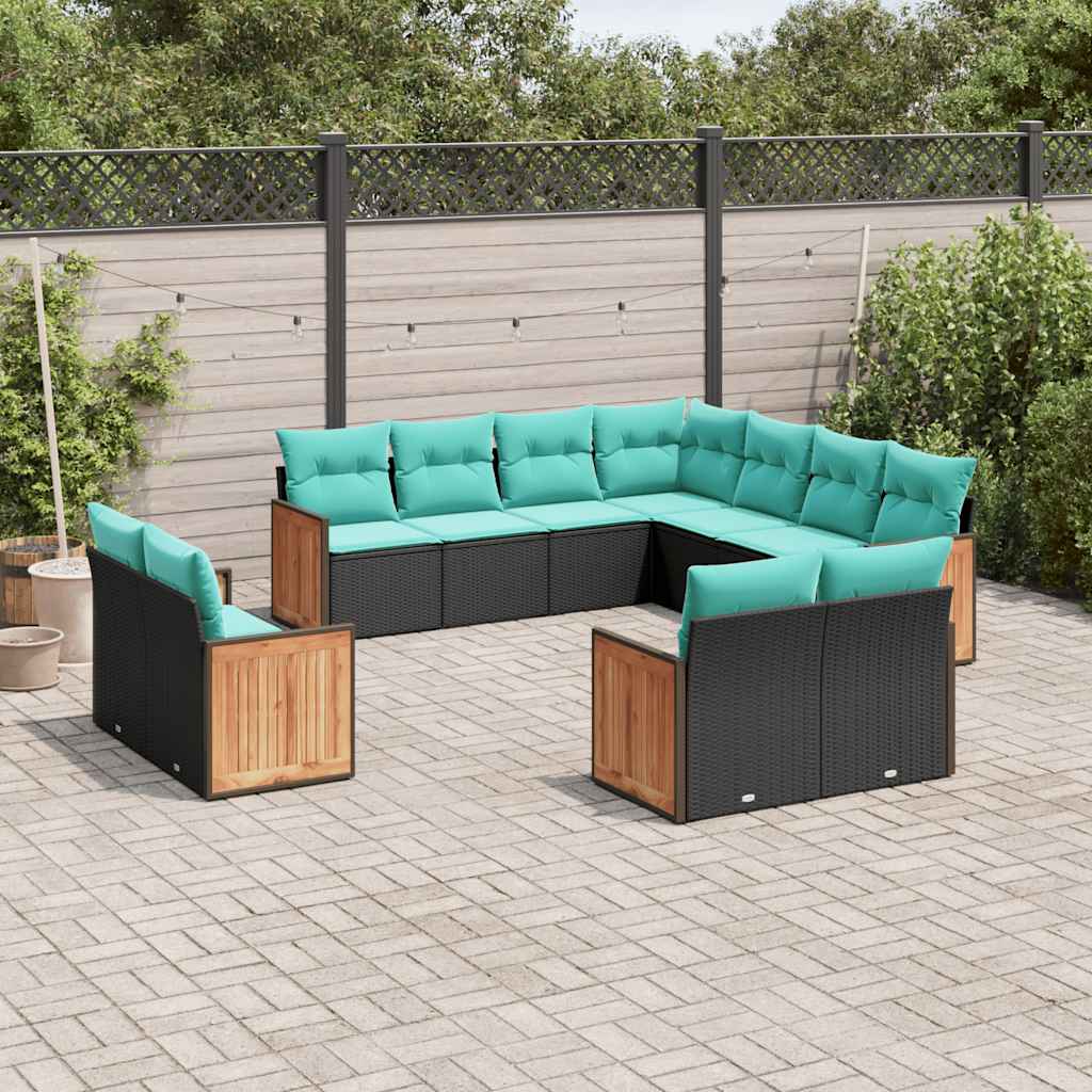 11-delt havesofasæt med hynder sort polyrattan