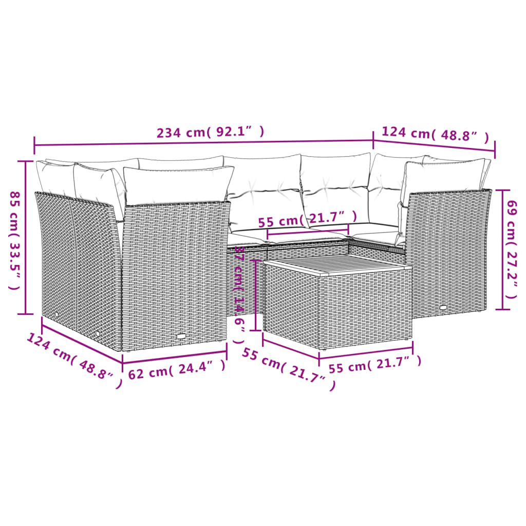 sofasæt til haven 7 dele med hynder polyrattan sort