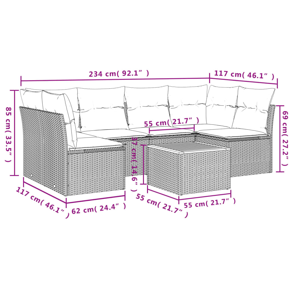 sofasæt til haven 7 dele med hynder polyrattan sort