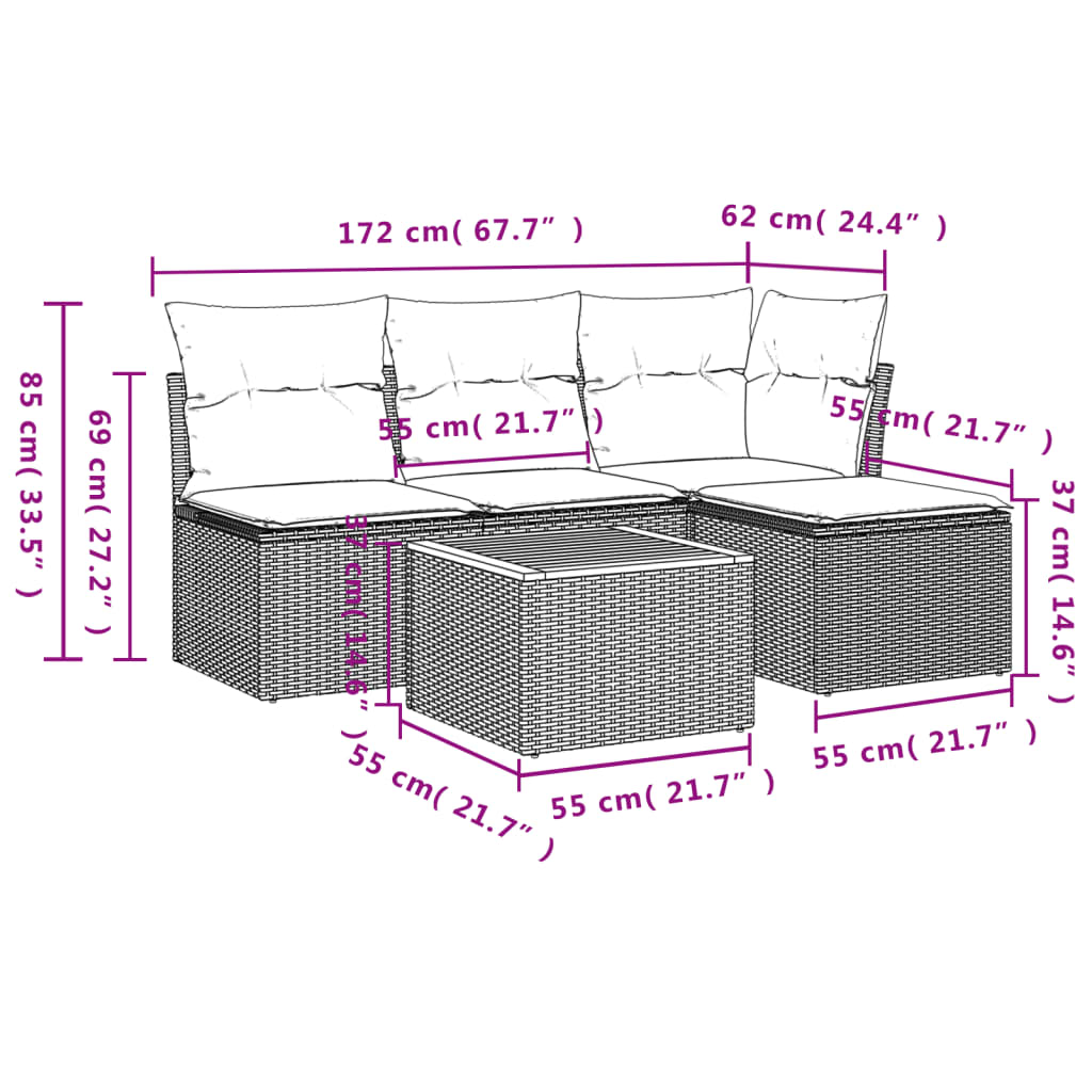 sofasæt til haven 5 dele med hynder polyrattan beige