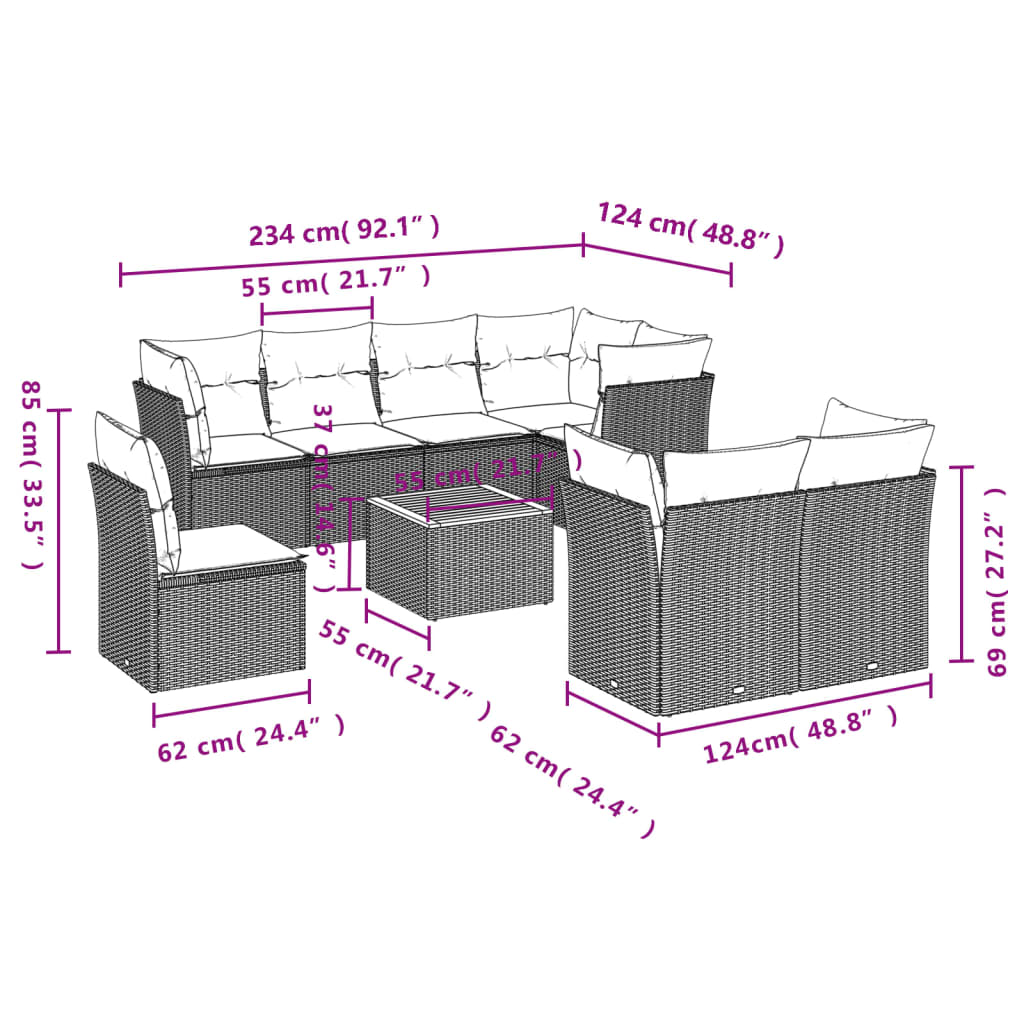 sofasæt til haven 9 dele med hynder polyrattan sort