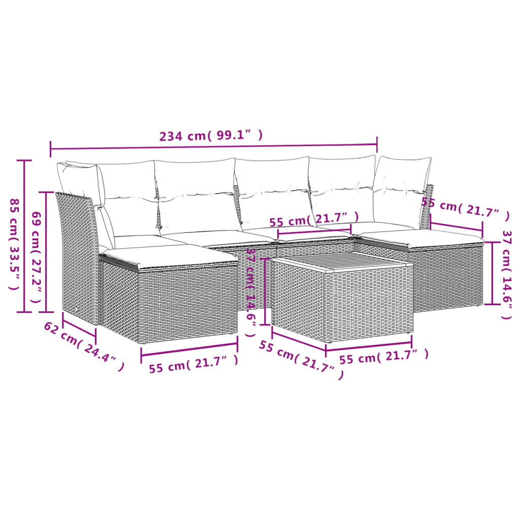 sofasæt til haven 7 dele med hynder polyrattan sort