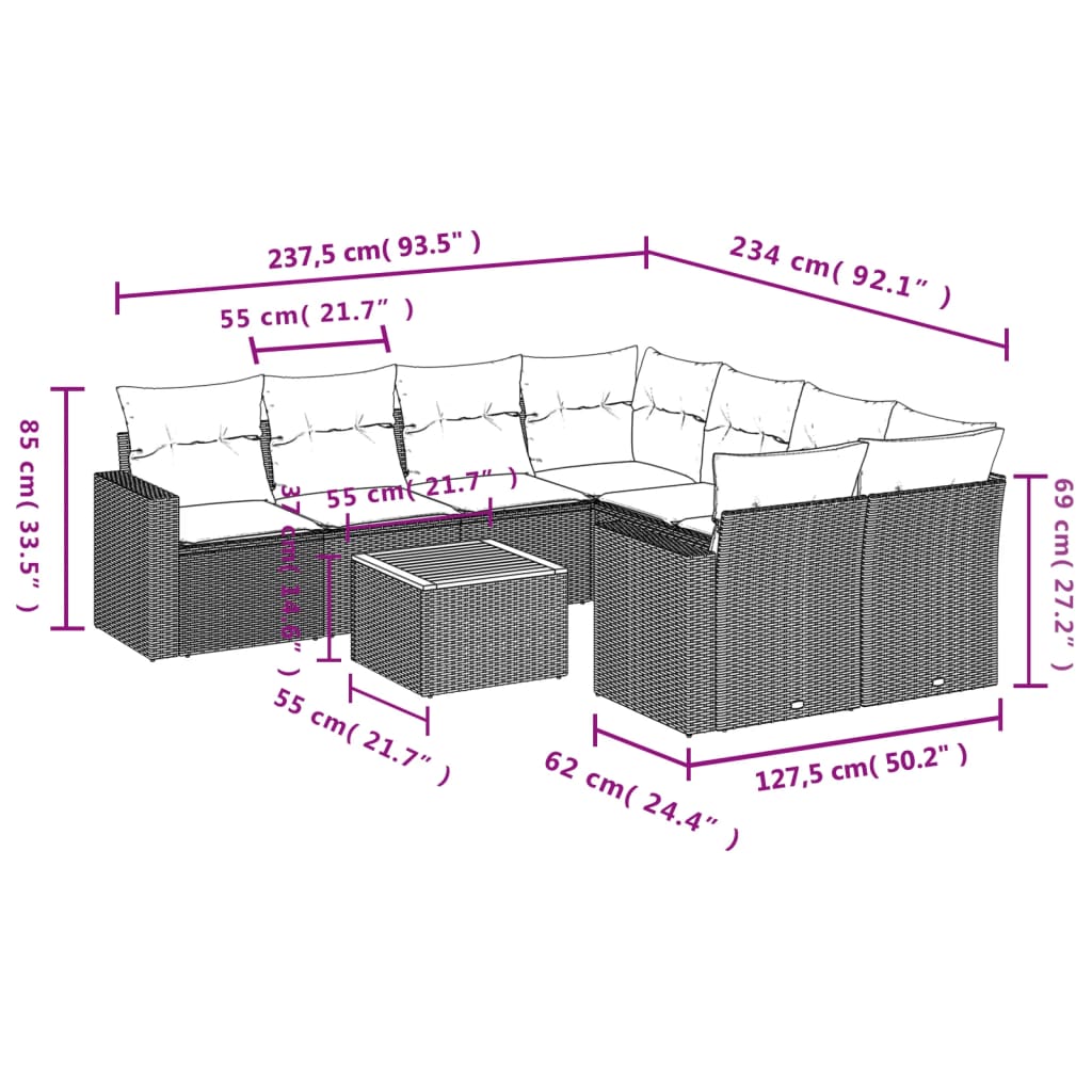 sofasæt til haven 9 dele med hynder polyrattan sort