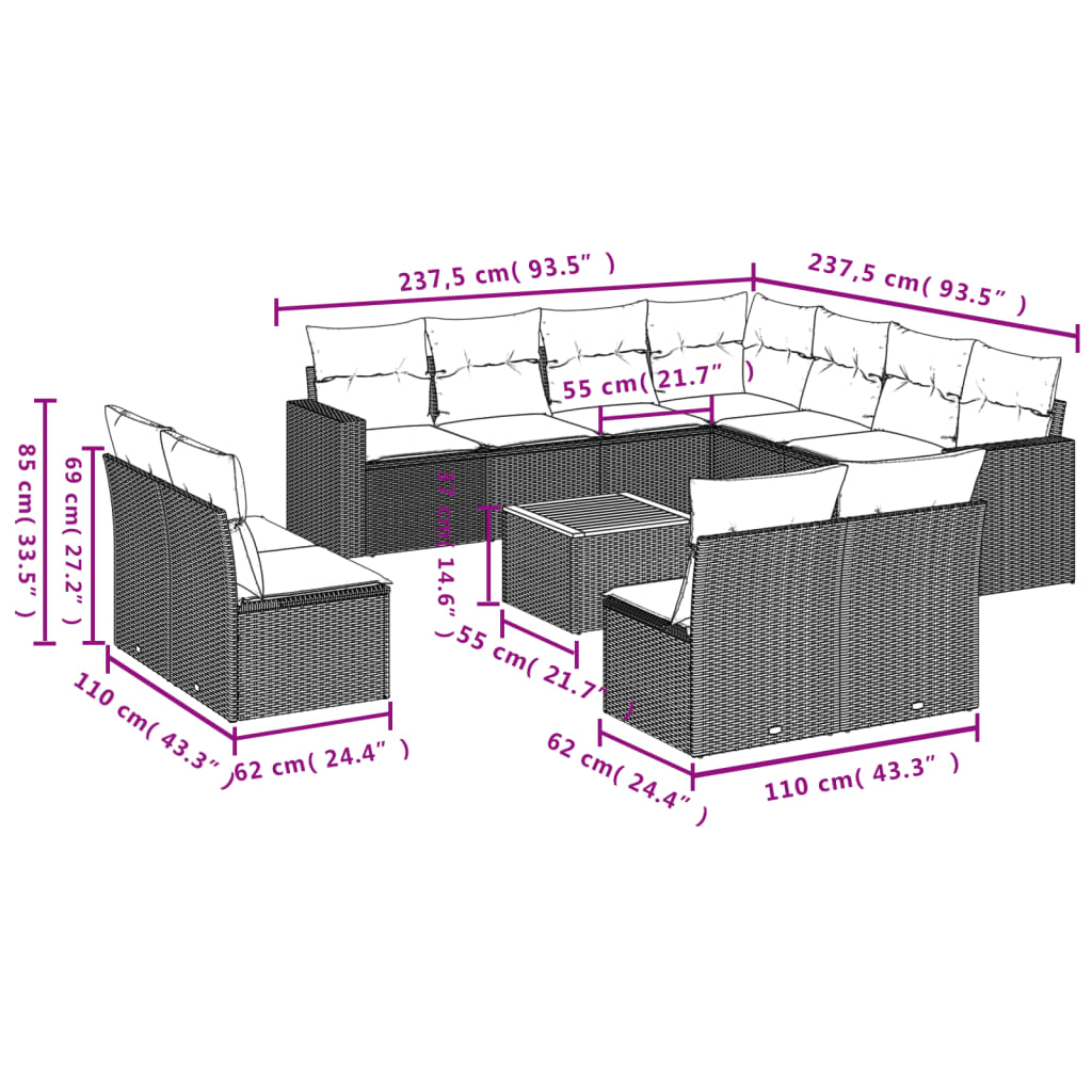 sofasæt til haven 12 dele med hynder polyrattan beige