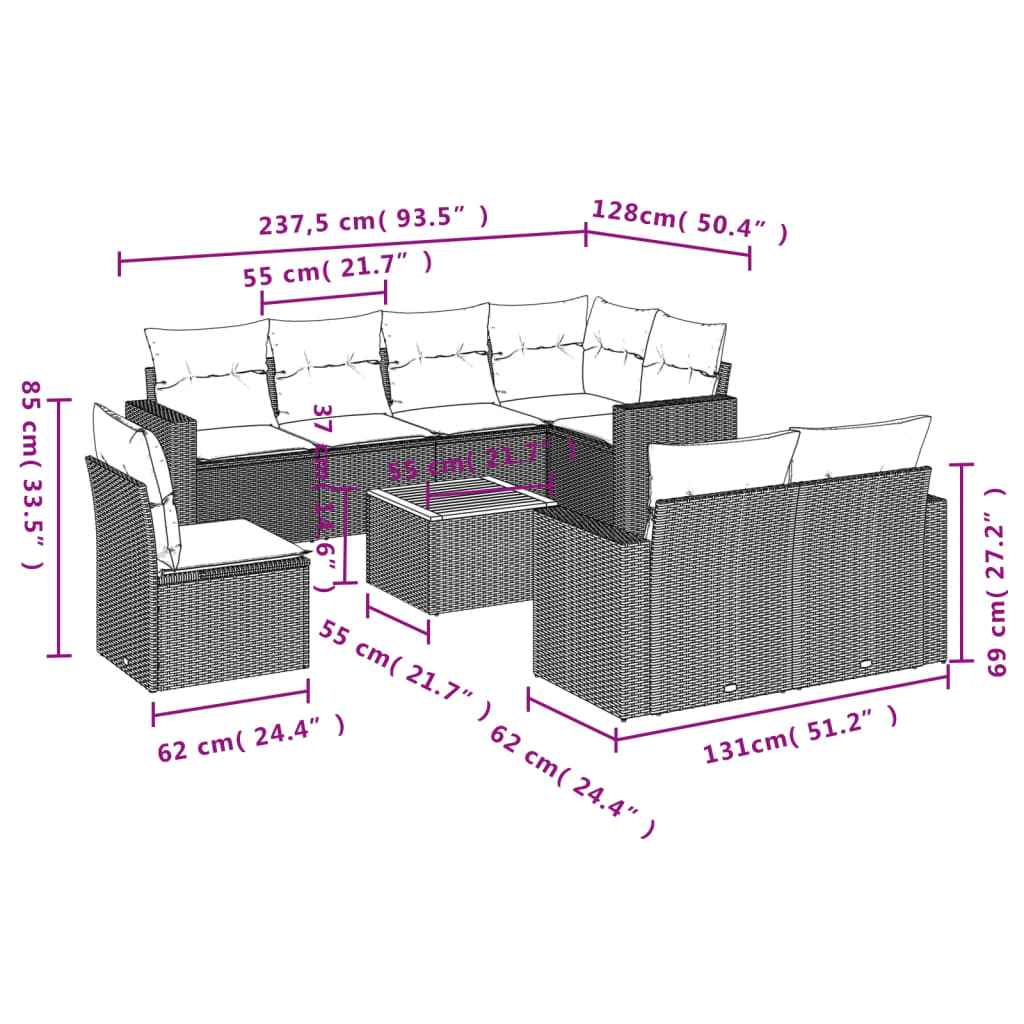 sofasæt til haven 9 dele med hynder polyrattan beige