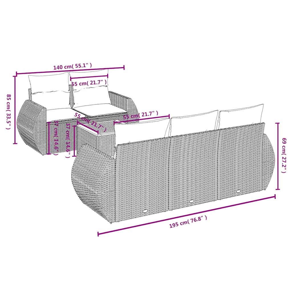 havesofasæt med 6 hynder sort polyrattan