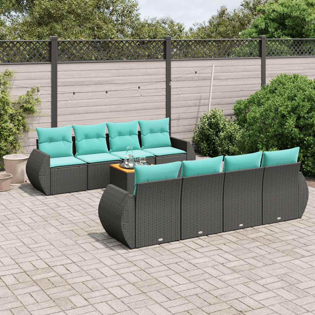 havesofasæt med 9 dele og hynder sort polyrattan