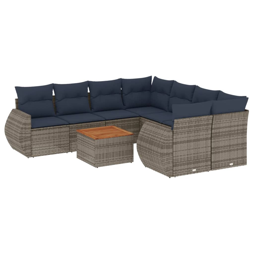 havesofasæt med 9 dele og hynder grå polyrattan
