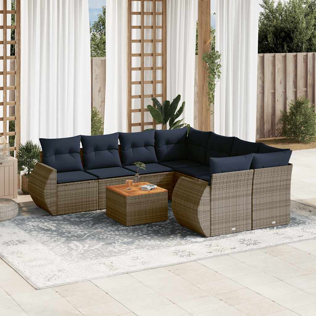 havesofasæt med 9 dele og hynder grå polyrattan