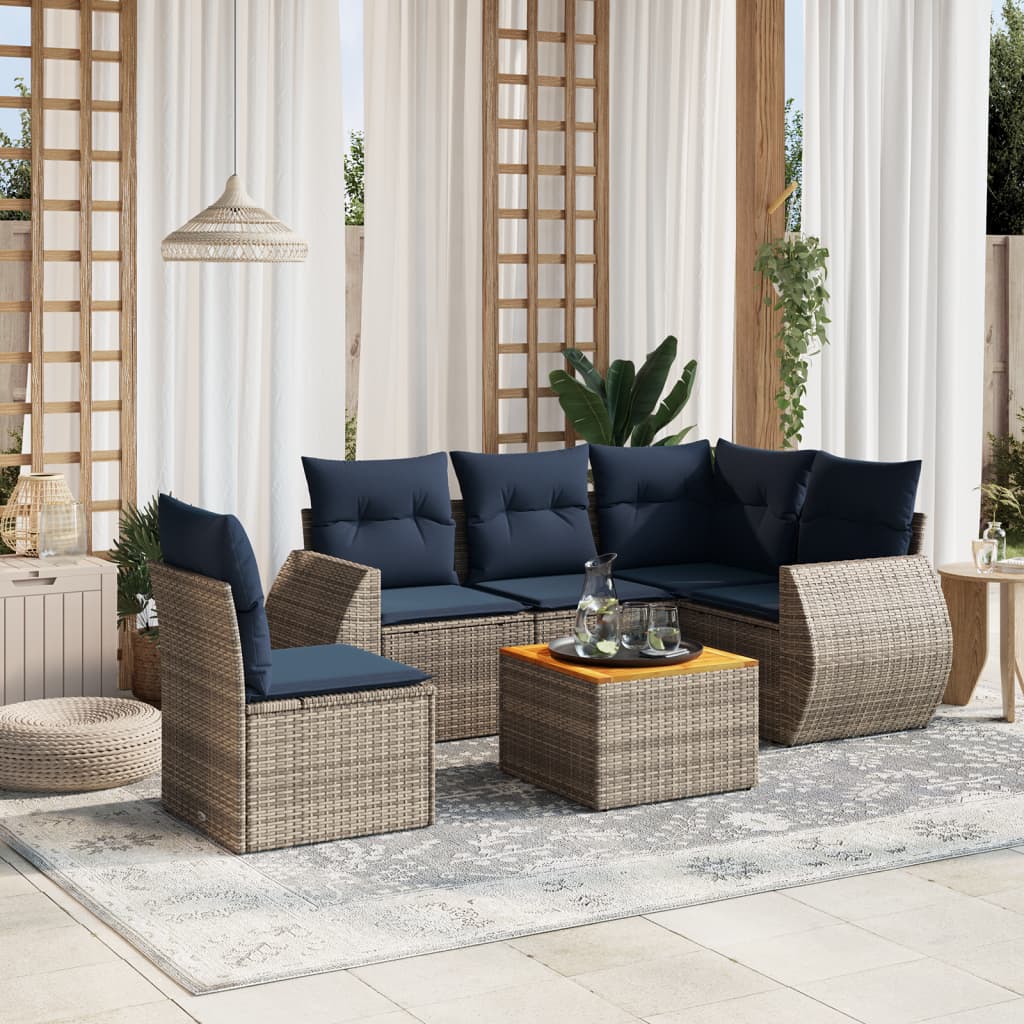 havesofasæt med 6 dele og hynder grå polyrattan