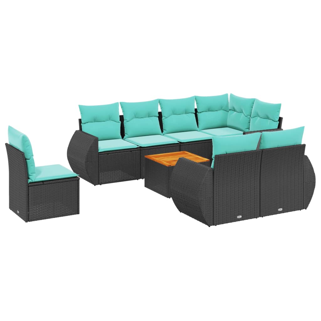 havesofasæt med 9 dele og hynder sort polyrattan