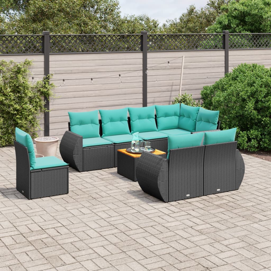 havesofasæt med 9 dele og hynder sort polyrattan