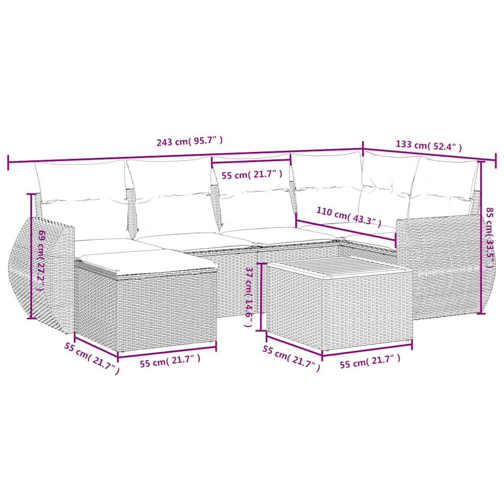 havesofasæt med 7 hynder sort polyrattan