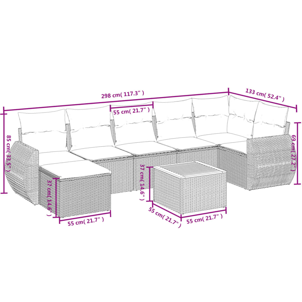 havesofasæt med 8 hynder grå polyrattan