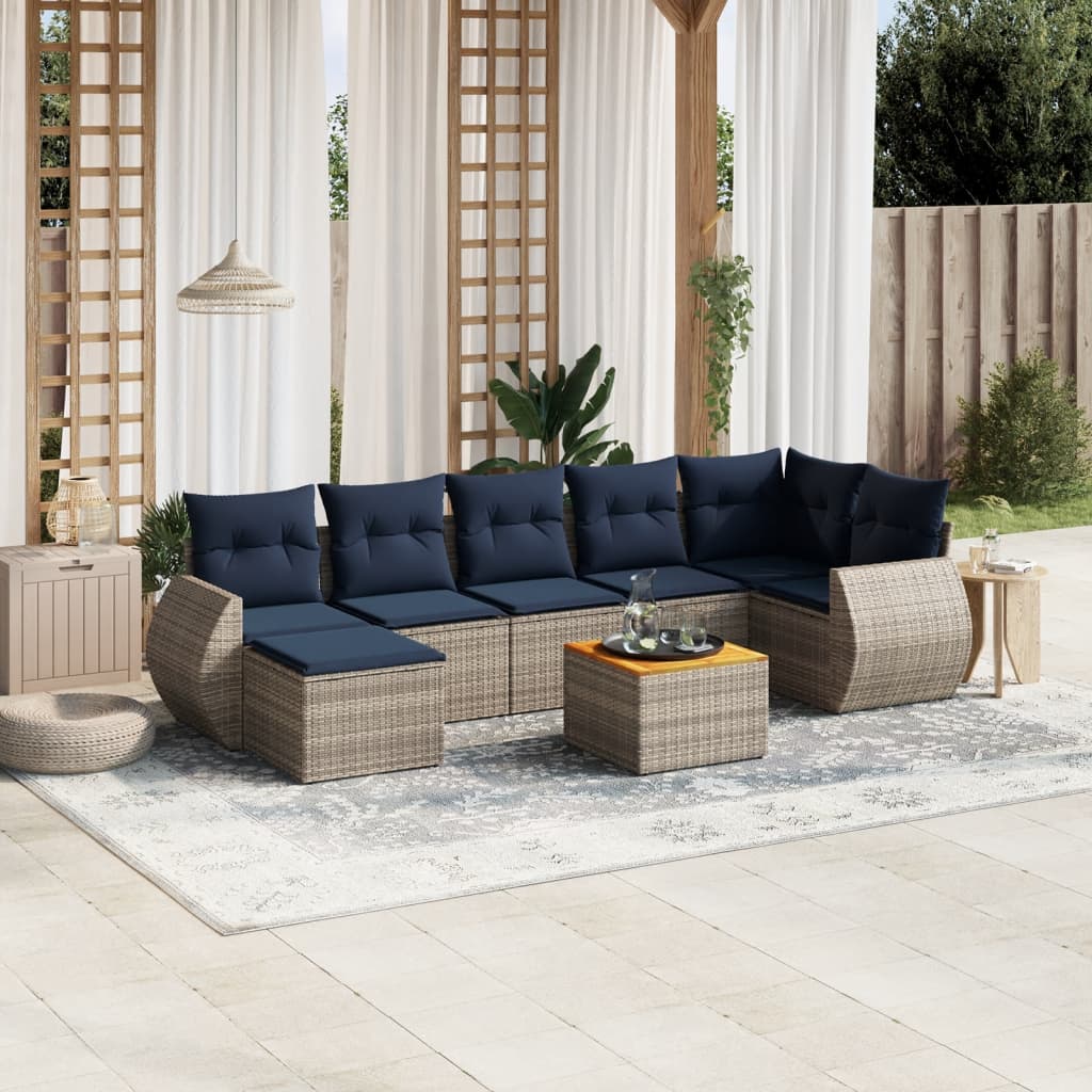 havesofasæt med 8 hynder grå polyrattan