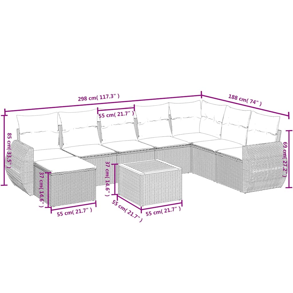 havesofasæt med 9 dele og hynder sort polyrattan