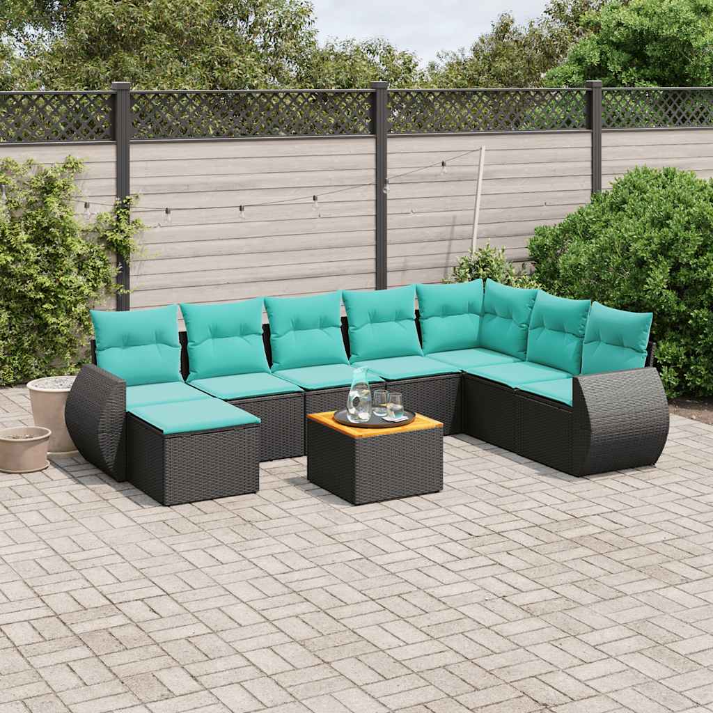 havesofasæt med 9 dele og hynder sort polyrattan
