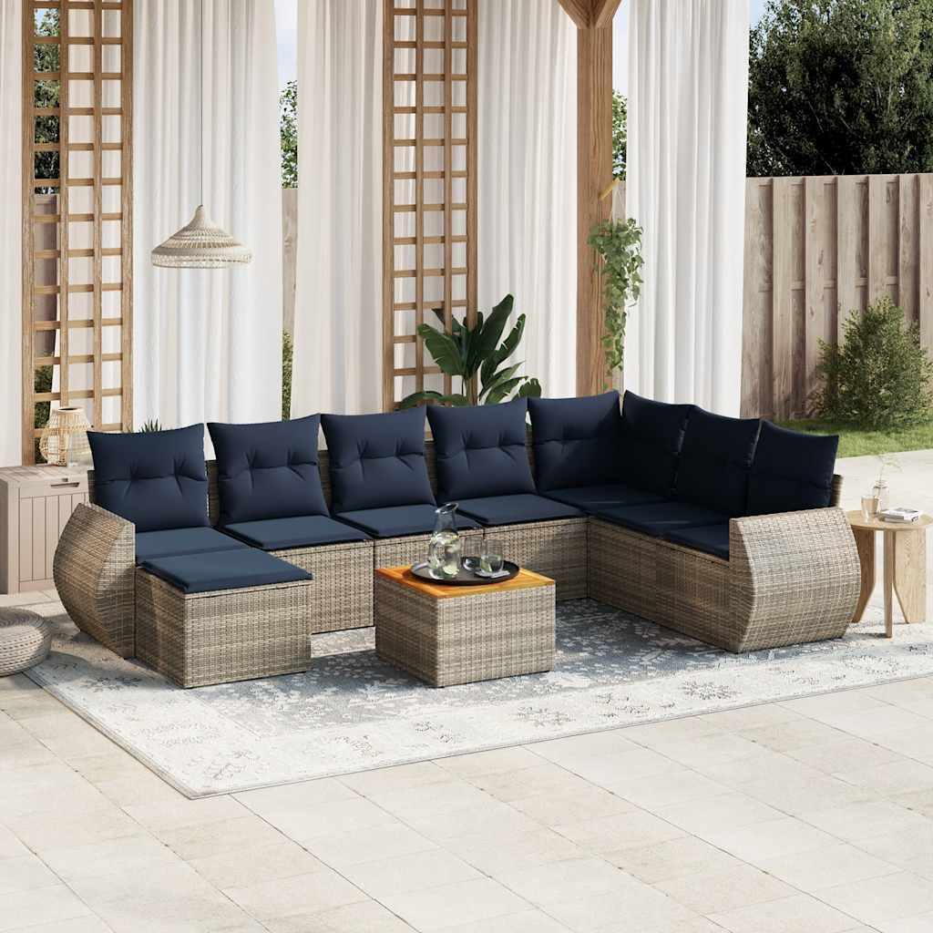 havesofasæt med 9 dele og hynder grå polyrattan
