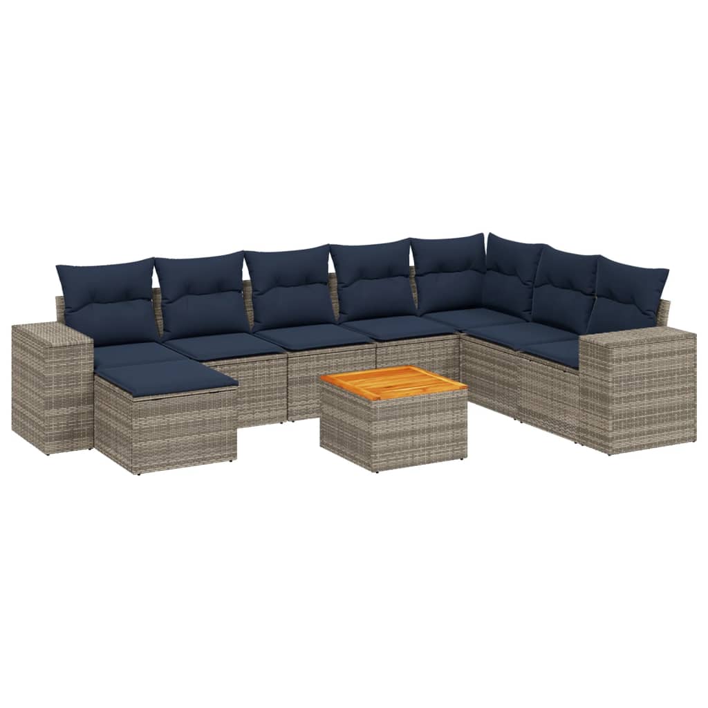 havesofasæt med 9 dele og hynder grå polyrattan