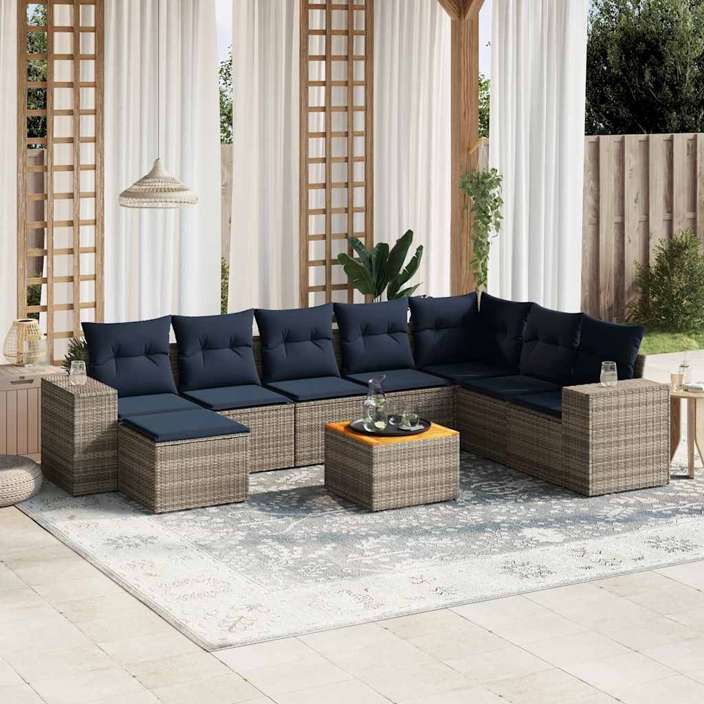 havesofasæt med 9 dele og hynder grå polyrattan