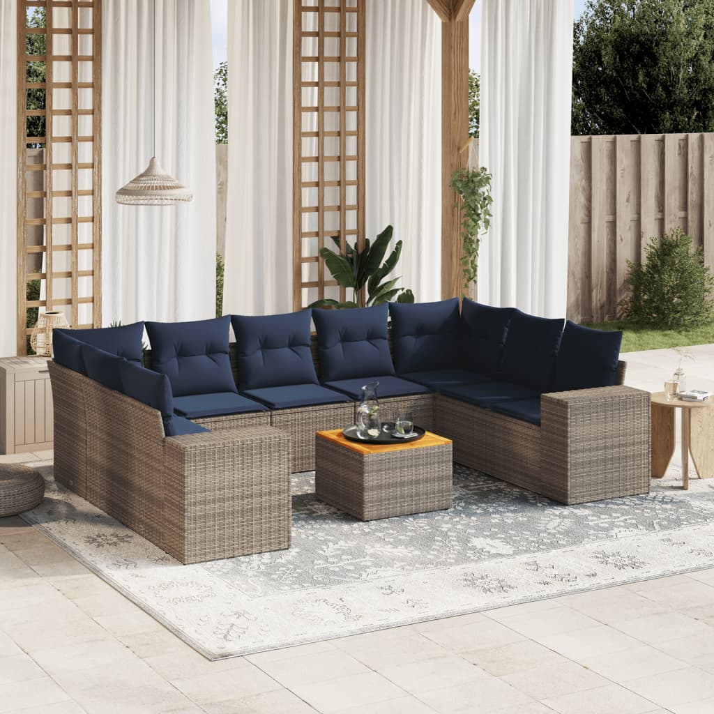 havesofasæt med 10 dele og hynder grå polyrattan