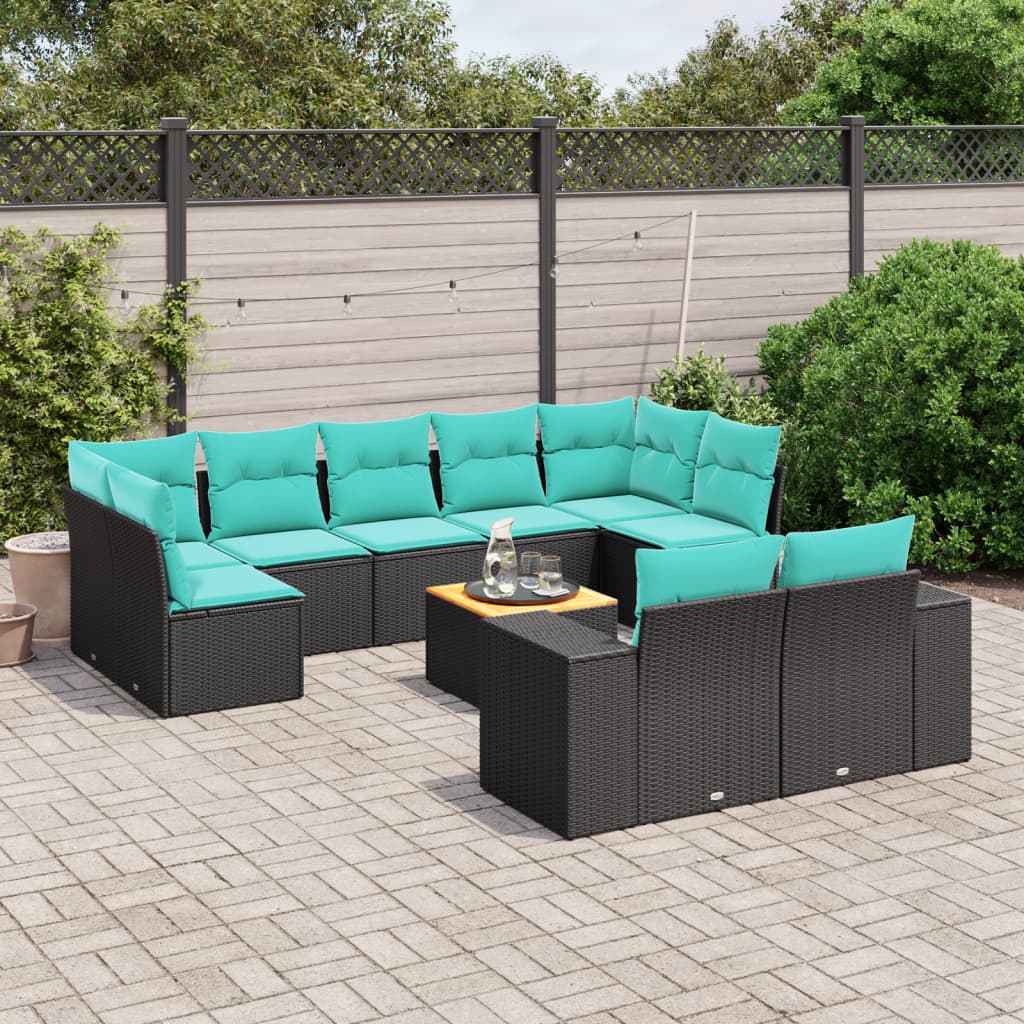 havesofasæt med 10 hynder sort polyrattan