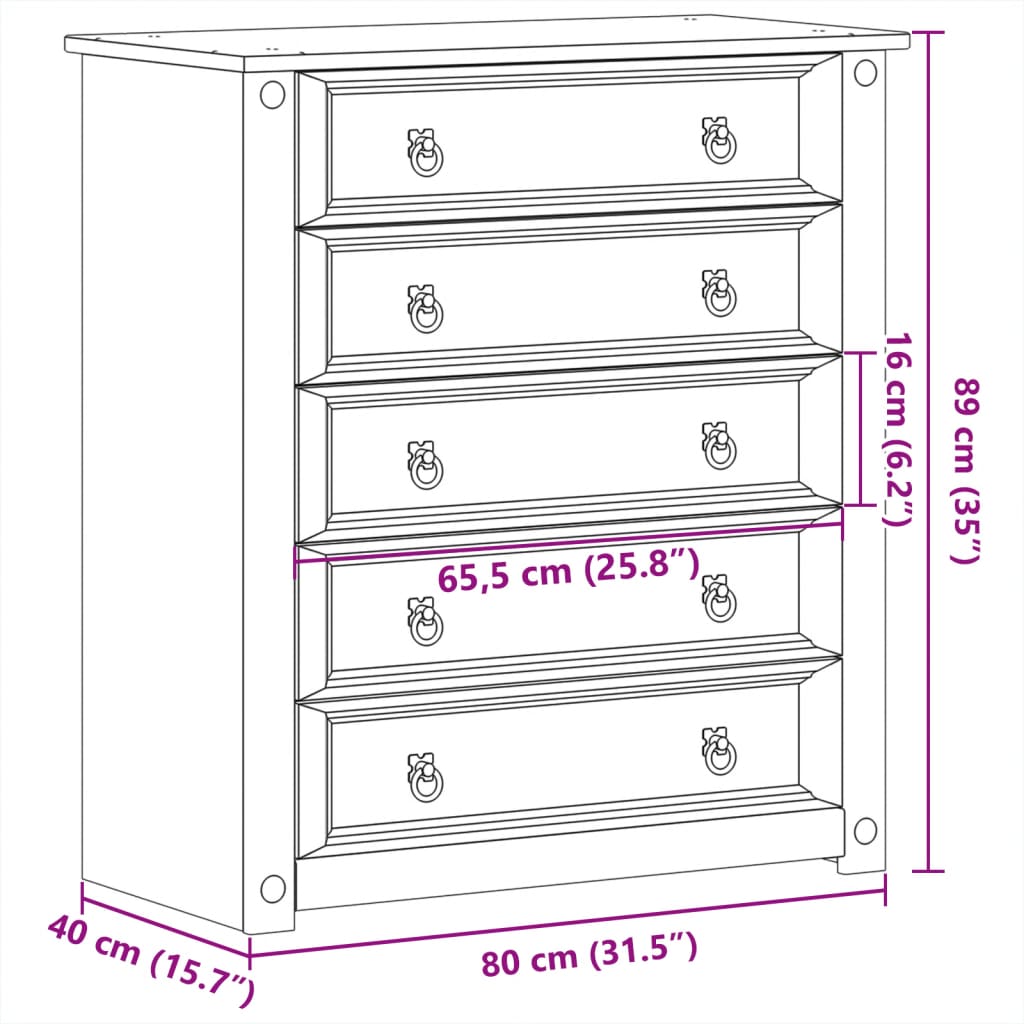 kommode Corona 80x40x89 cm massivt fyrretræ