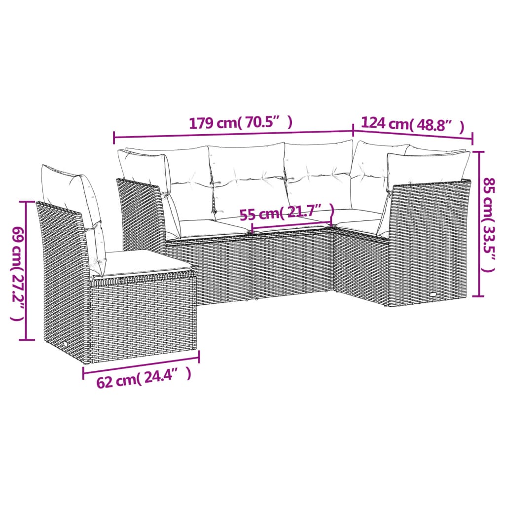 sofasæt til haven 5 dele med hynder polyrattan beige