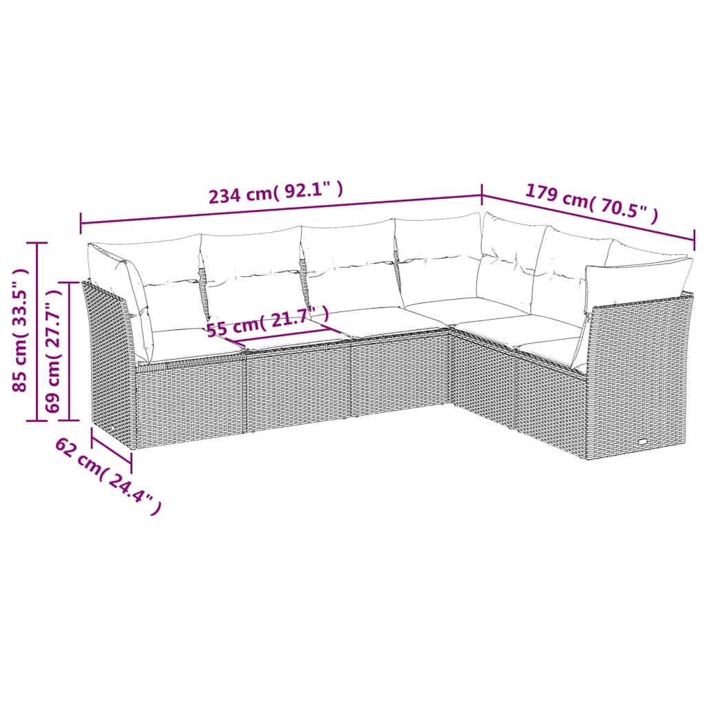 sofasæt til haven 6 dele med hynder polyrattan sort