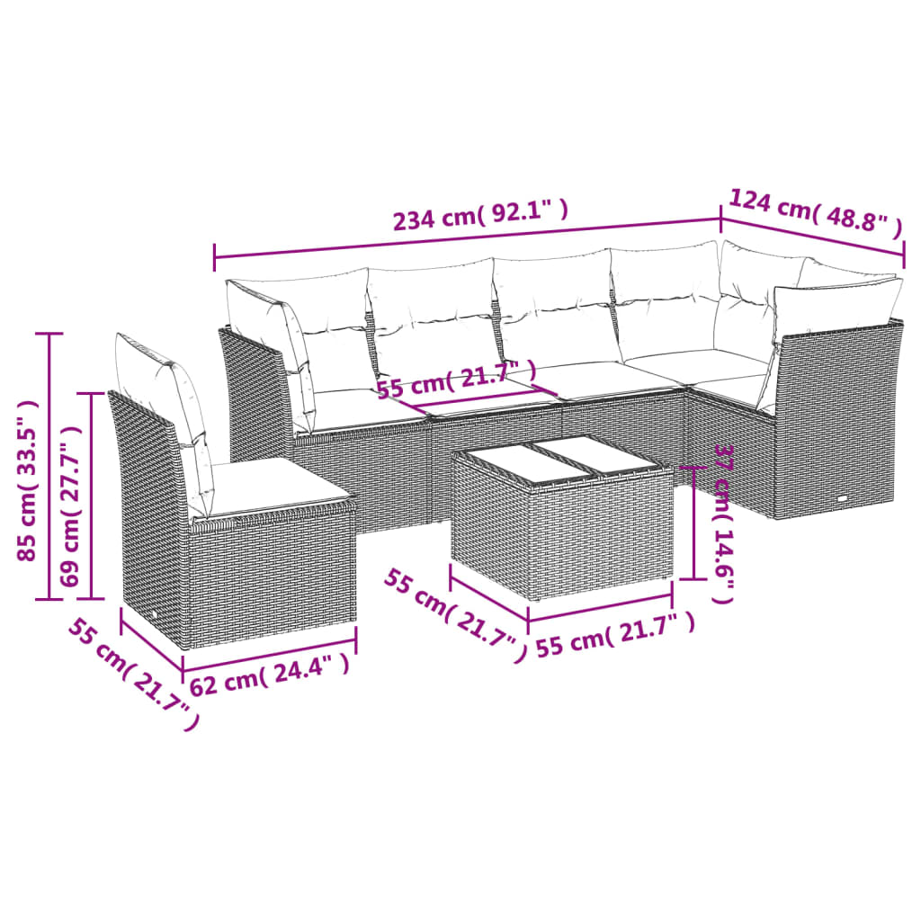 sofasæt til haven 7 dele med hynder polyrattan sort