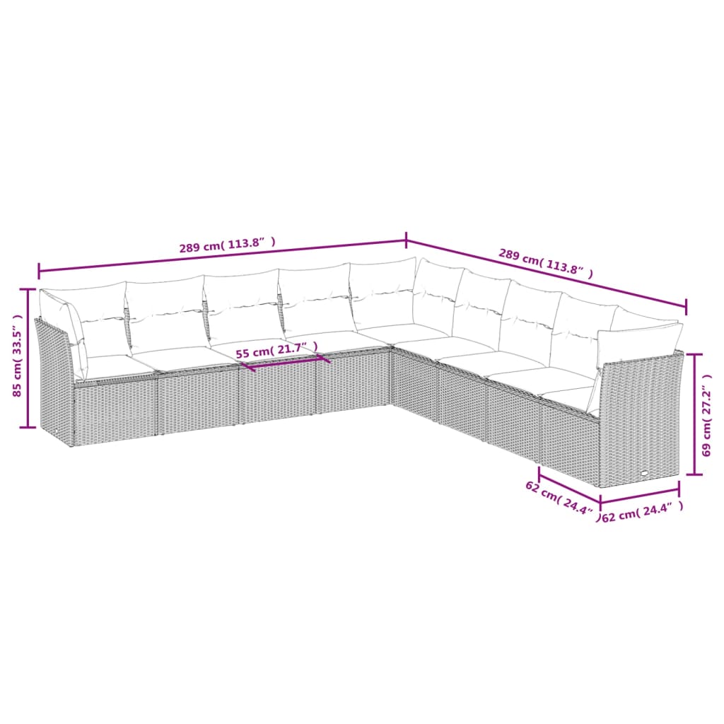sofasæt til haven 9 dele med hynder polyrattan beige