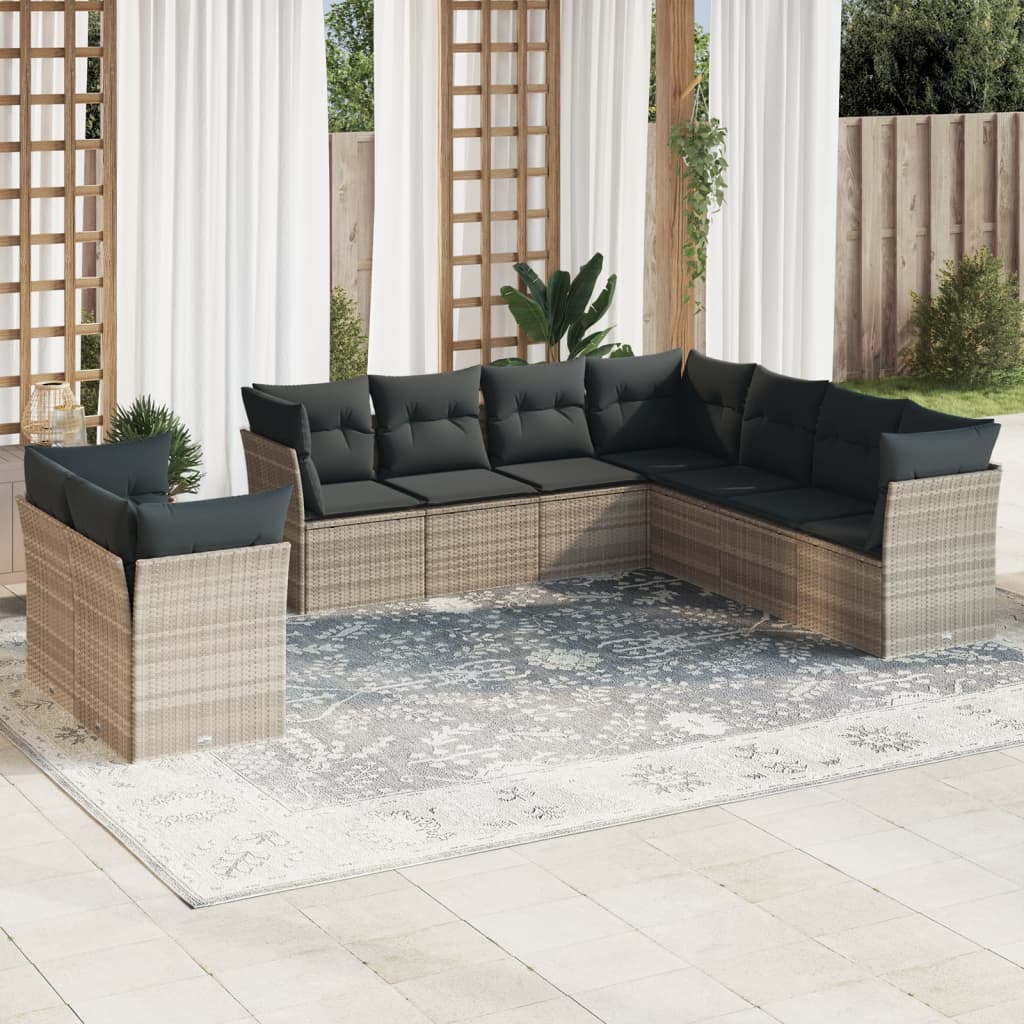 sofasæt til haven 9 dele med hynder polyrattan lysegrå