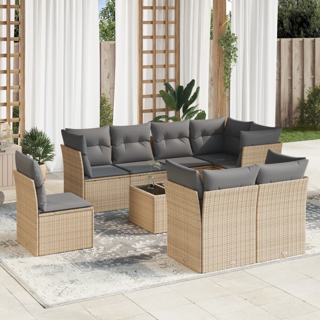 sofasæt til haven 9 dele med hynder polyrattan beige
