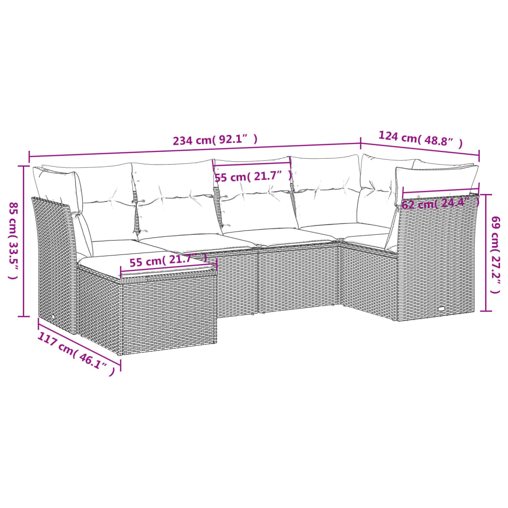 sofasæt til haven 6 dele med hynder polyrattan lysegrå