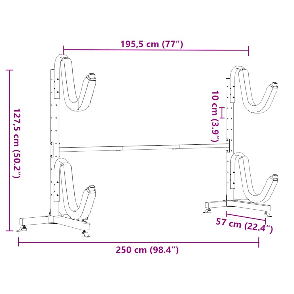 opbevaringsstativ til 2 kajakker 250x57x127,5 cm stål