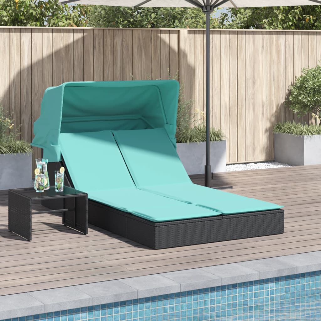 dobbelt liggestol med baldakin og hynder sort polyrattan