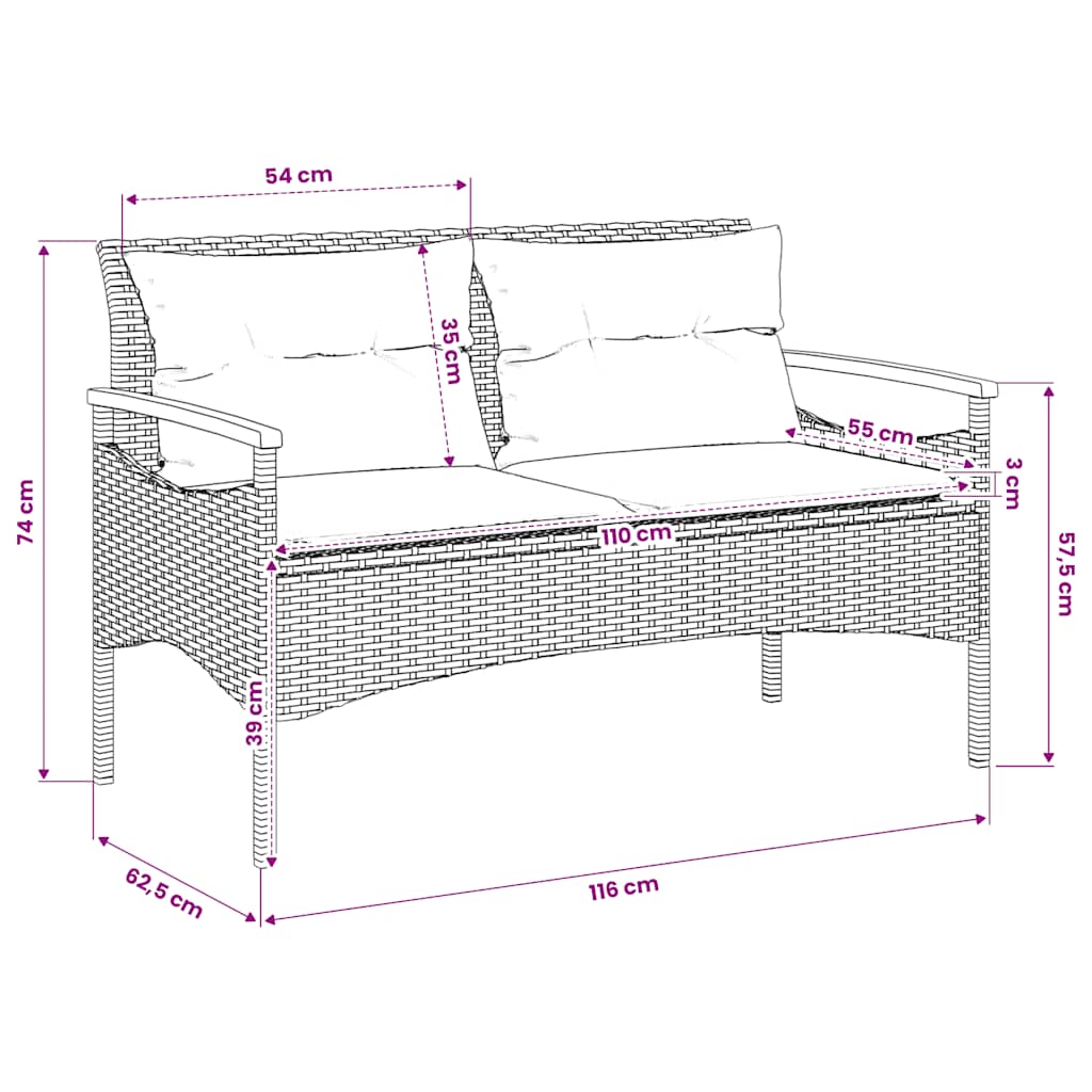 havebænk med hynder 116x62,5x74 cm polyrattan grå