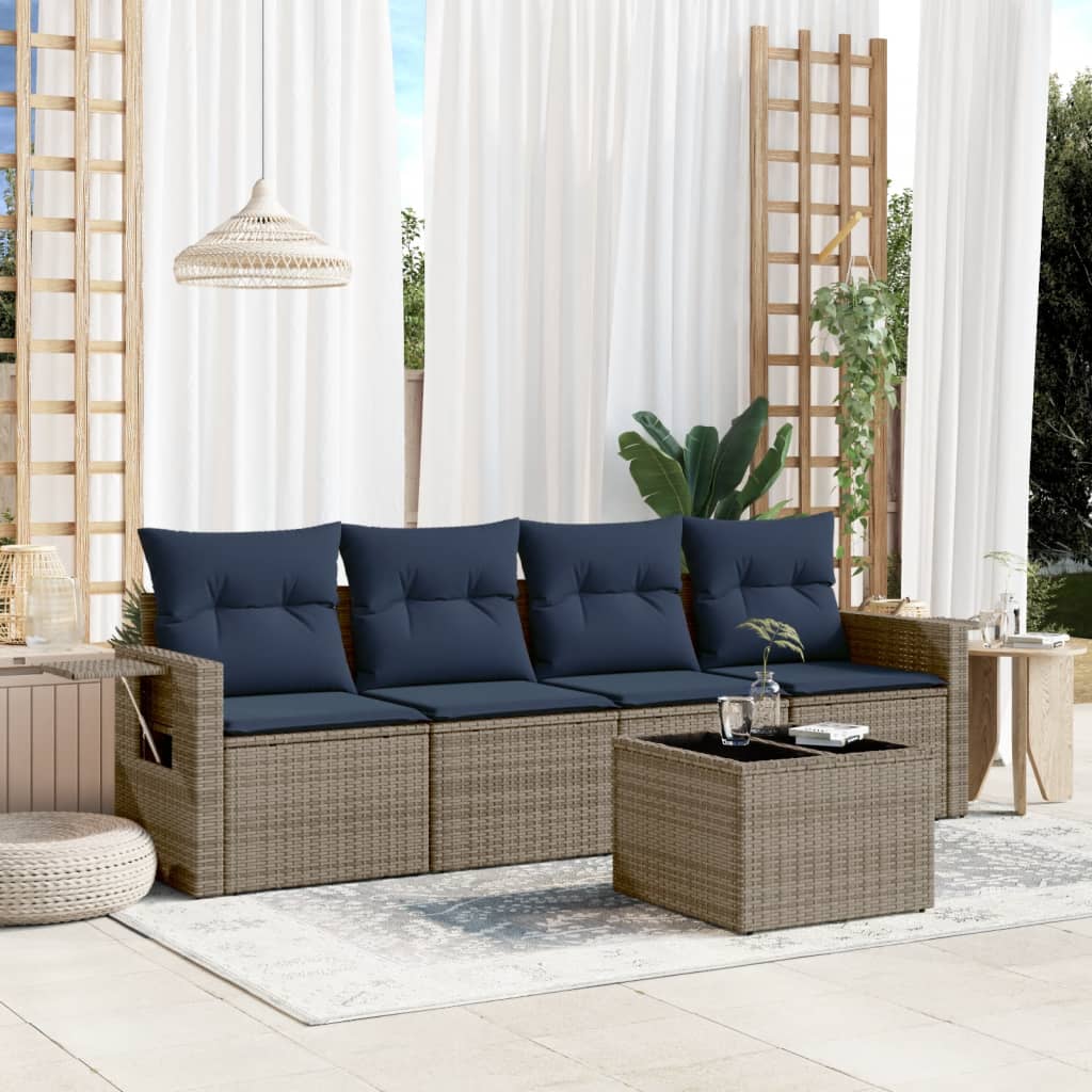 havesofasæt med 5 dele og hynder grå polyrattan