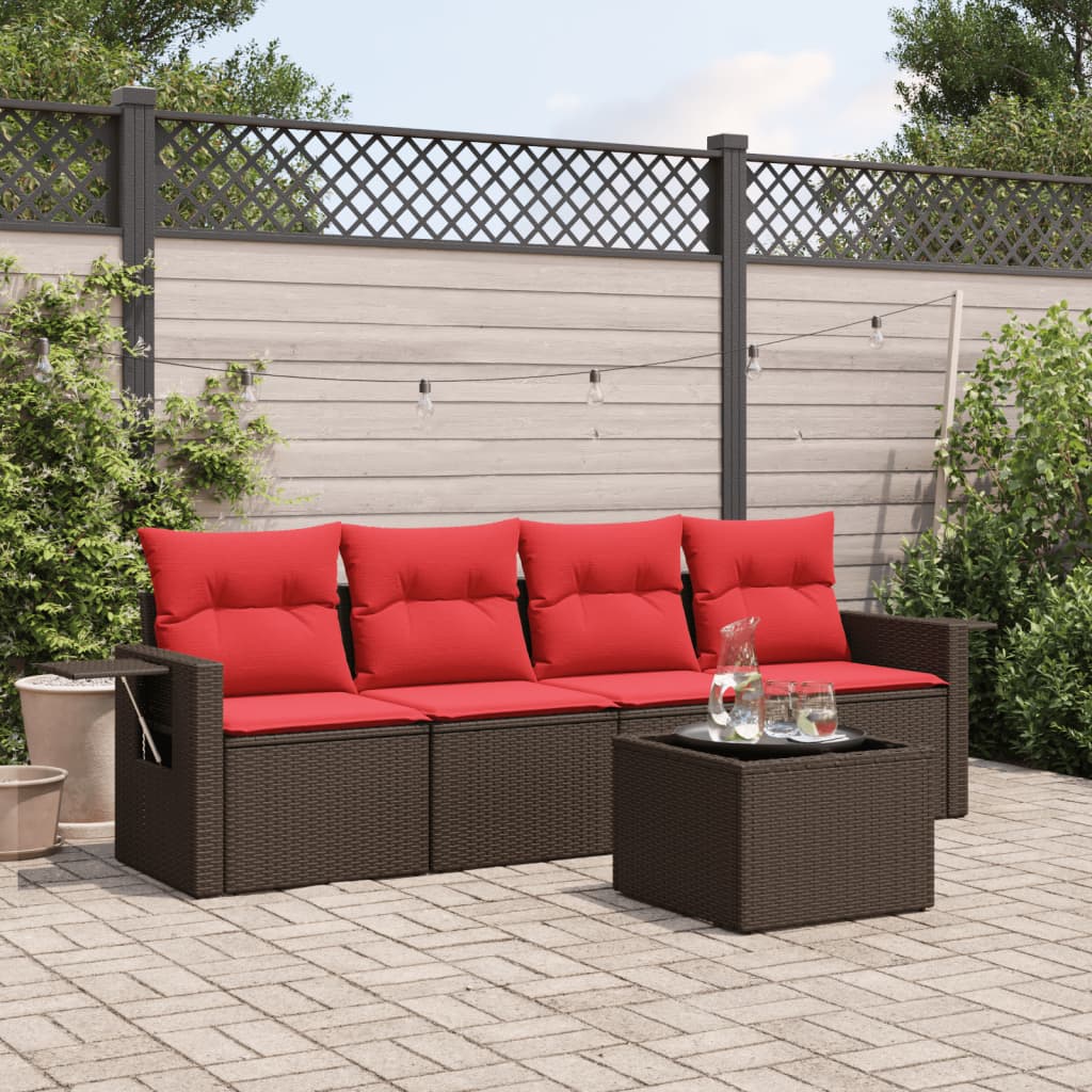 havesofasæt med 5 dele og hynder brun polyrattan