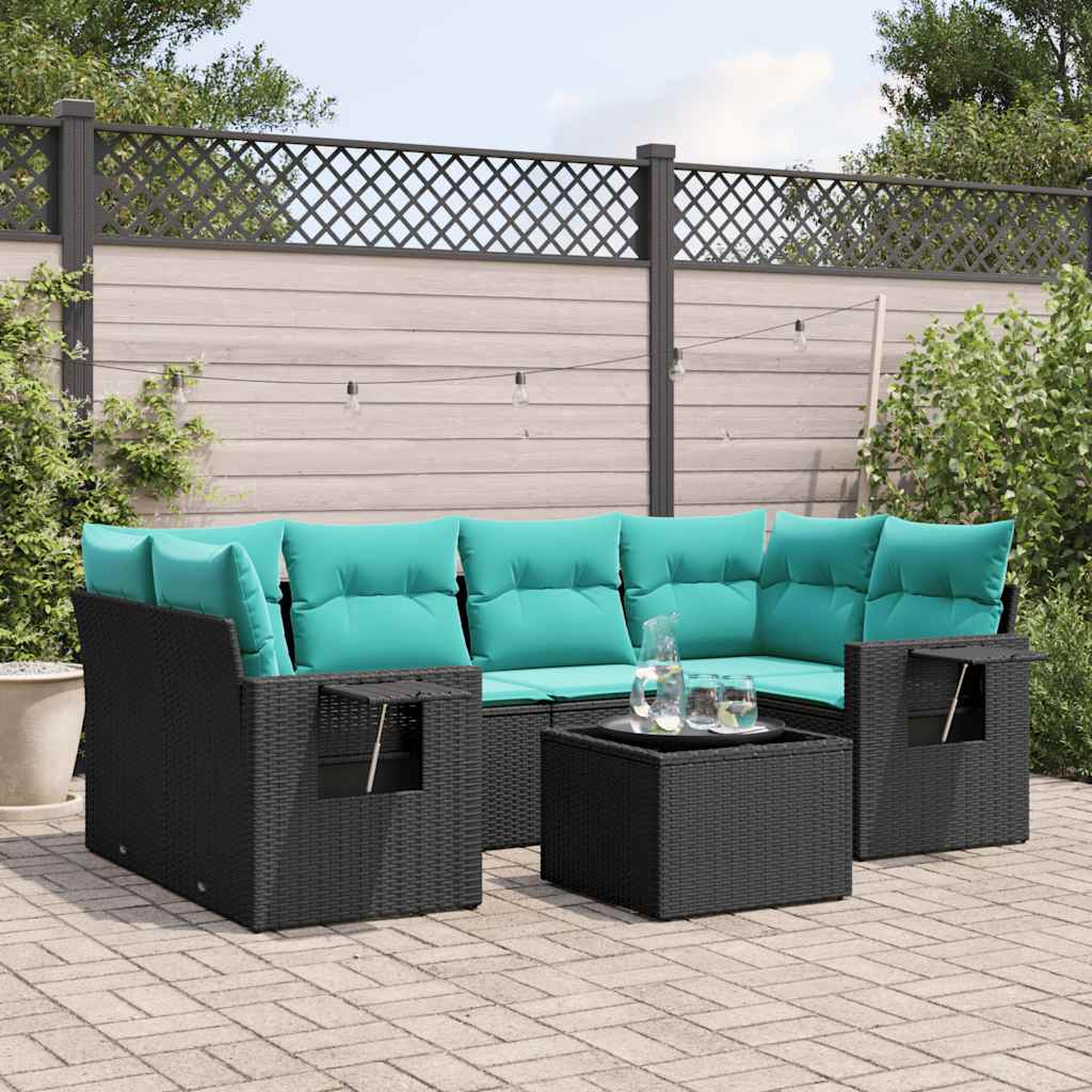 havesofasæt med 7 hynder sort polyrattan