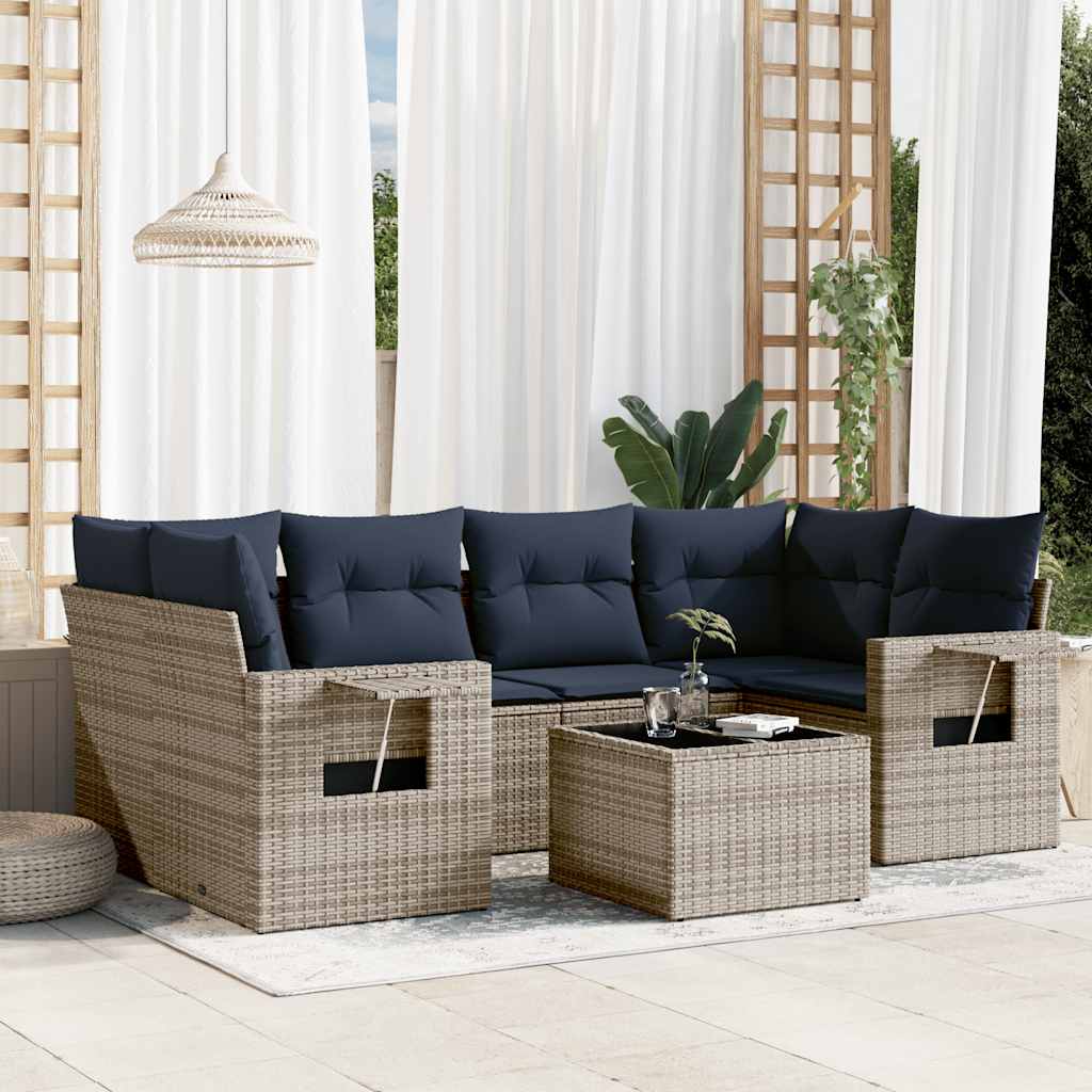havesofasæt med 7 dele og hynder grå polyrattan