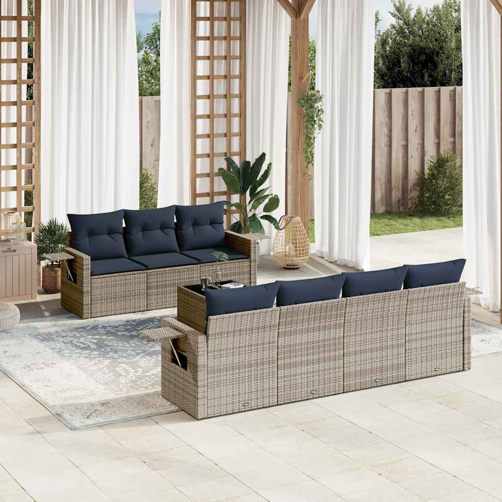 havesofasæt med 8 hynder grå polyrattan