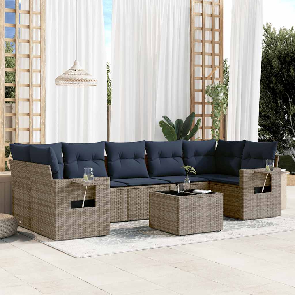havesofasæt med 8 hynder grå polyrattan