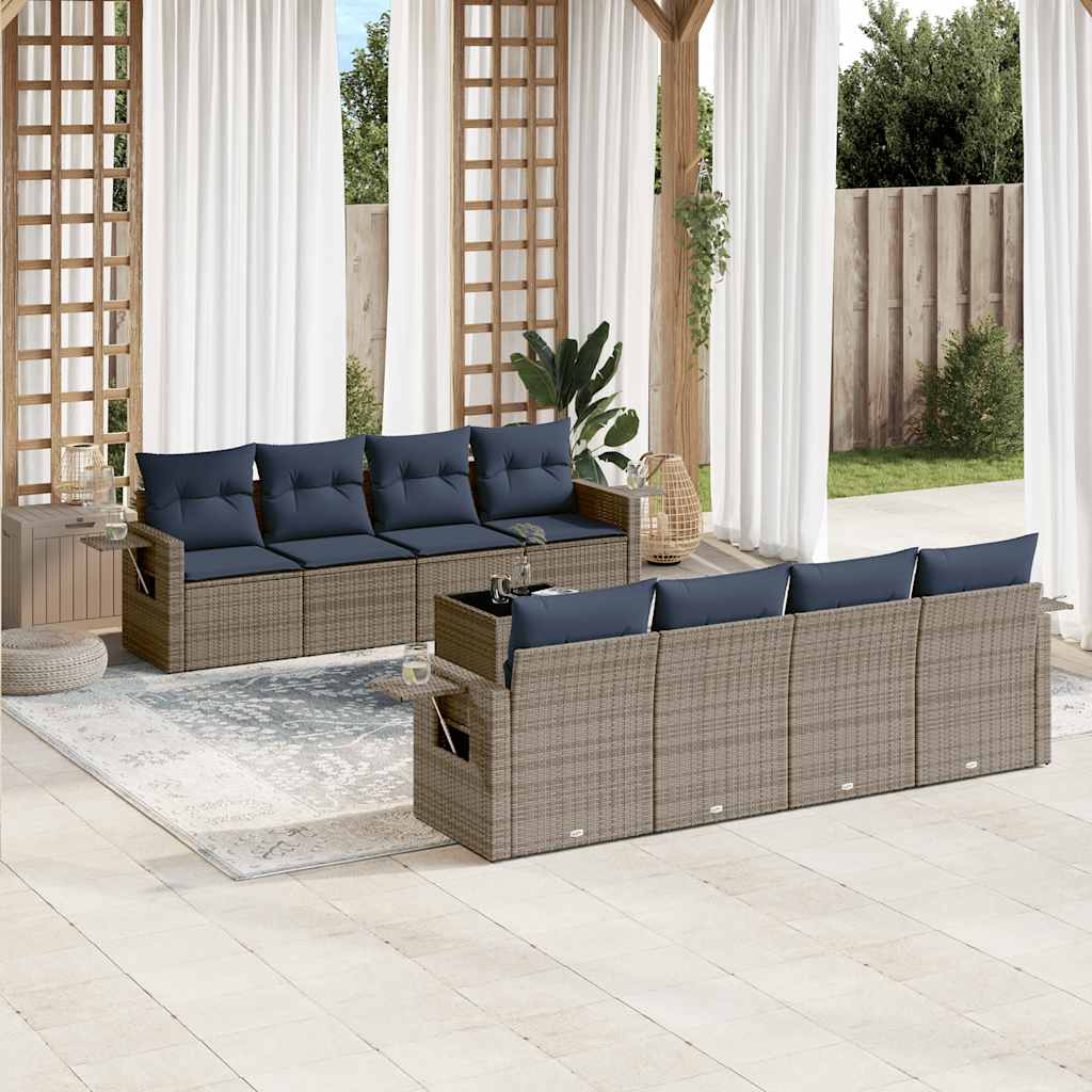 havesofasæt med 9 dele og hynder grå polyrattan