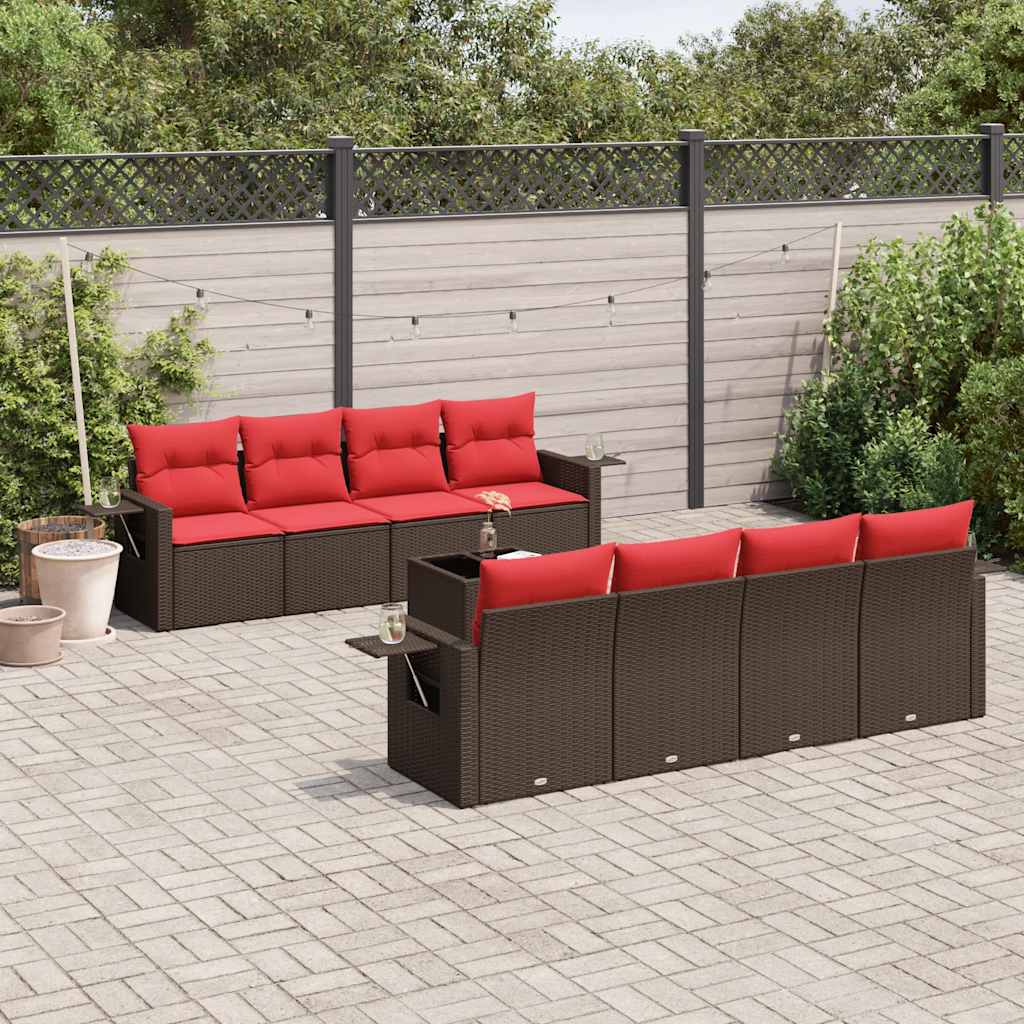 havesofasæt med 9 dele og hynder brun polyrattan