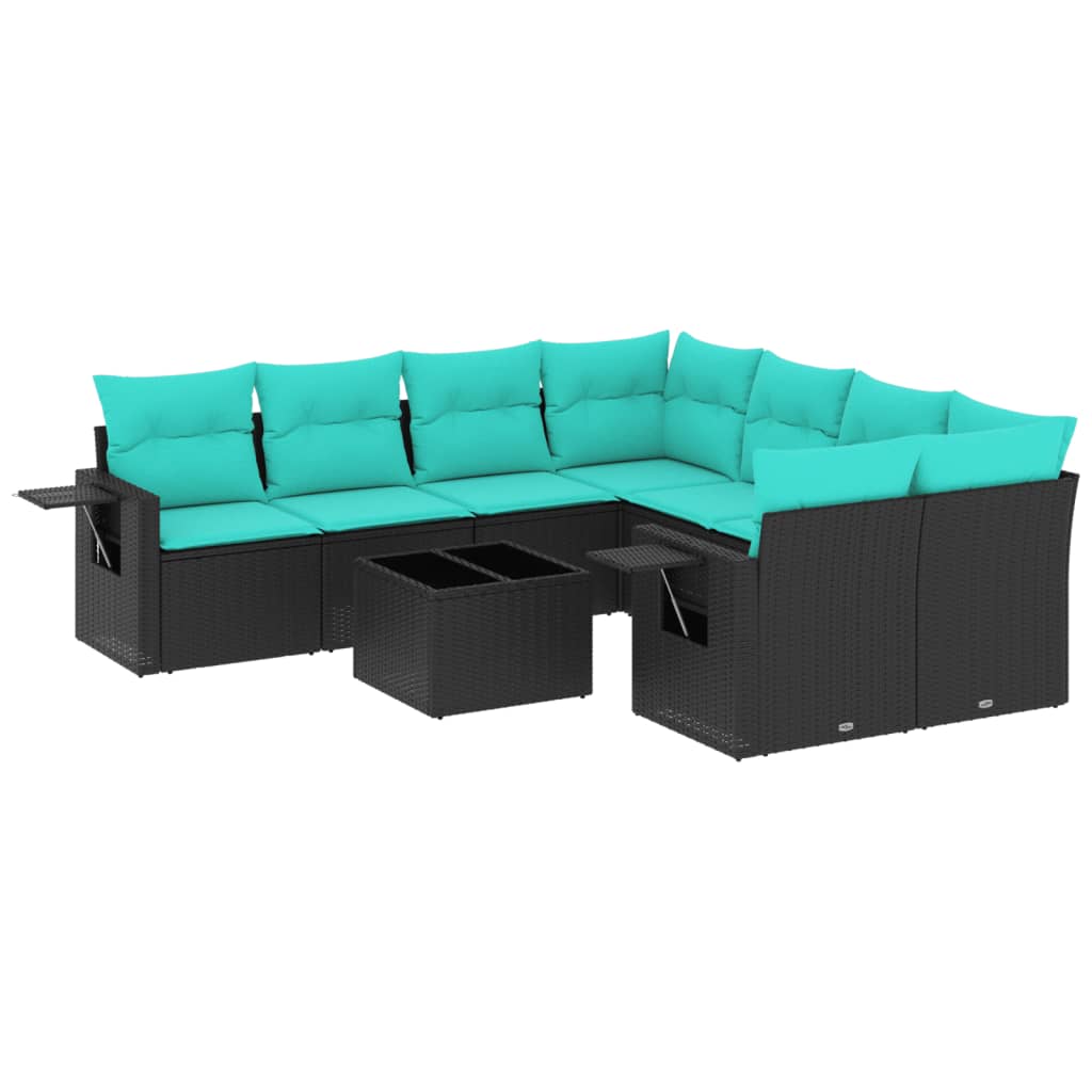 havesofasæt med 9 dele og hynder sort polyrattan